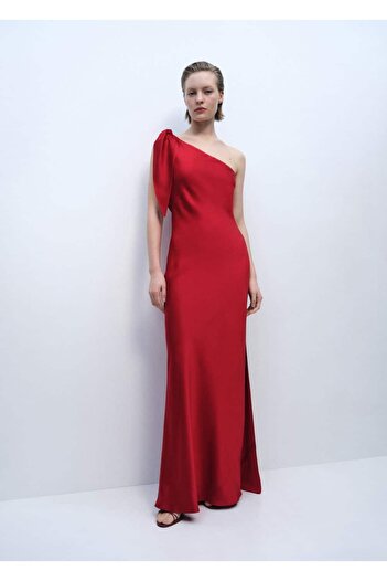 MANGO Woman Rochie din satin cu decolteu asimetric