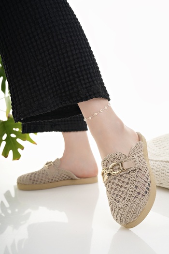 Modafırsat Women's Casual Slippers Beige Knit Straw Knitted Stylish Summer Home Beach Vacation Business Office Slippers