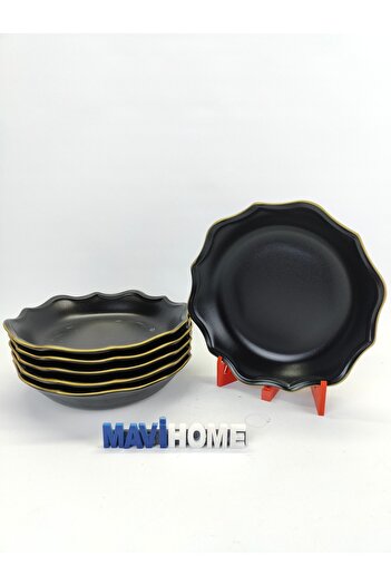 MAViHOME Black 21 Cm Ceramic Dinner Plate with Yellow Edge Pattern Set of 6