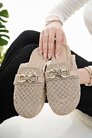 Modafırsat Women's Casual Slippers Beige Knit Straw Knitted Stylish Summer Home Beach Vacation Business Office Slippers