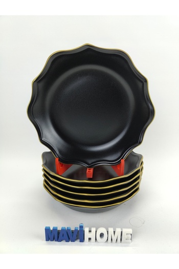 MAViHOME Black 21 Cm Ceramic Dinner Plate with Yellow Edge Pattern Set of 6