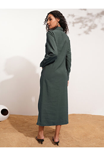 Tokyo Talkies By Styli Solid Collared Shirt Midi Dress with Front Slit Detail