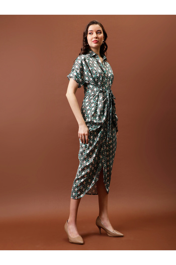 Athena By Styli Printed Satin Shirt Midi Dress with Pleated Detail