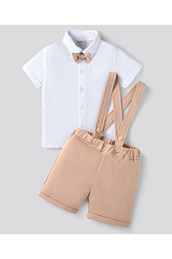 Bonfino Bonfino Solid Shirt & Shorts Set with Bow & Suspender - Tan & Off White