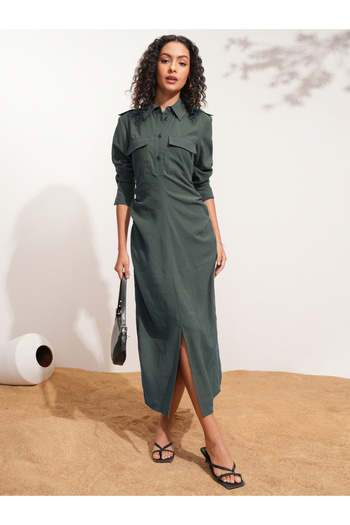 Tokyo Talkies By Styli Solid Collared Shirt Midi Dress with Front Slit Detail