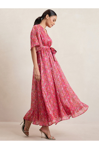 Femmella By Styli Textured Floral Print Wrap Maxi Dress with Waist Tie Up