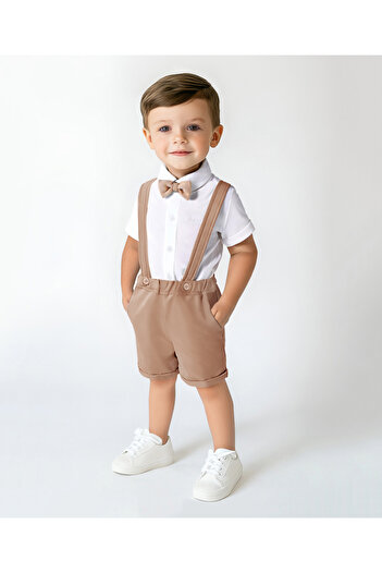 Bonfino Bonfino Solid Shirt & Shorts Set with Bow & Suspender - Tan & Off White