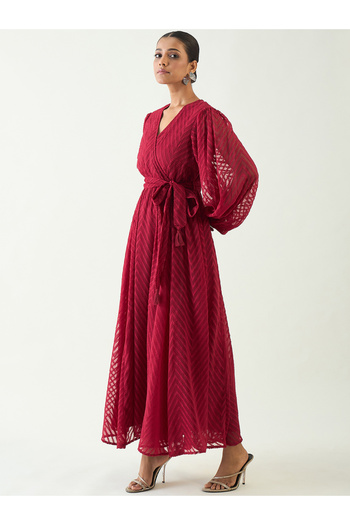 Femmella By Styli Chevron Dobby Balloon Sleeve Wrap Maxi Dress