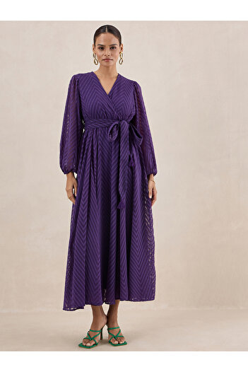 Femmella By Styli Chevron Dobby Wrap Maxi Dress with Waist Tie Detail