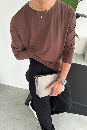 HAFKAGİYİM Καφέ Basic Soft Lycra Relax Fit Μακρυμάνικο T-Shirt