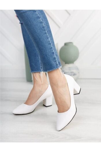 BAY ARMEDON Women's Shoes White Skin Short Thick Heeled Shoes Evening Dress Shoes 5cm Classic Shoes