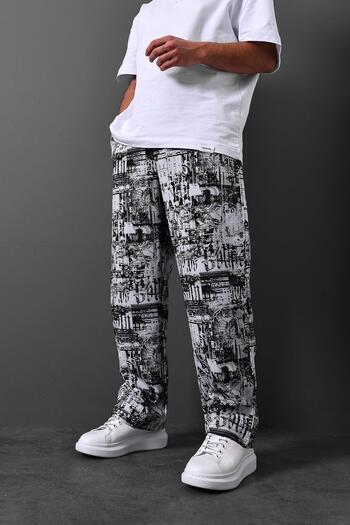 Slatra Men's White Digital Printing Parachute Fabric Baggy Pants