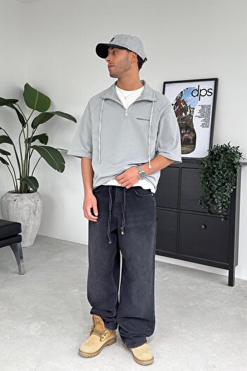 HAFKAGİYİM Gray Zip-Up Ee Oversize Polo Neck T-Shirt