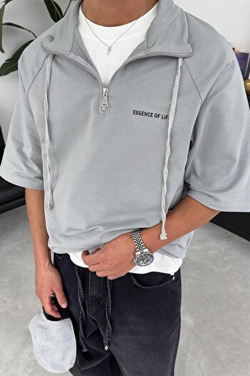 HAFKAGİYİM Gray Zip-Up Ee Oversize Polo Neck T-Shirt