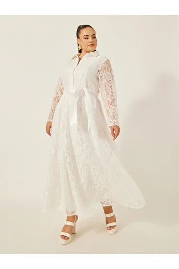 Styli Plus Size Lace Detail Collared Neck A-Line Maxi Dress
