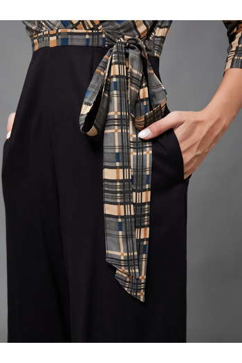 Styli Checkered Wrap Wide Leg Viscose Jumpsuit with Tie-Up Detail