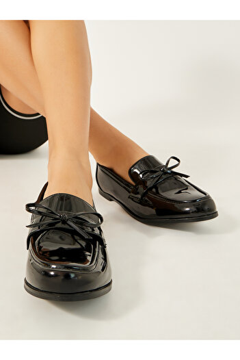 Styli Leather Look Slip-On Loafers with Bowknot Detail