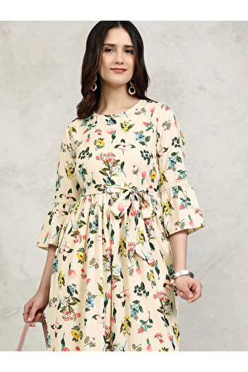 Vishudh By Styli All-Over Floral Print Straight Leg Jumpsuit with Tie-Up Belt