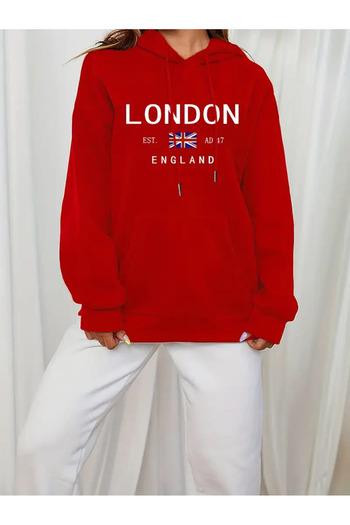 NEW TRENDY COLLECTİON London Print Drawstring Hoodie, Casual Long Sleeve Hooded Sweatshirt