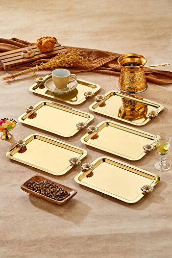 Turkco 6 Pieces Elegante Gold Series Duo Bella Flora Handle Patterned Presentation Tray Promise Engagement Tray 22X16Cm