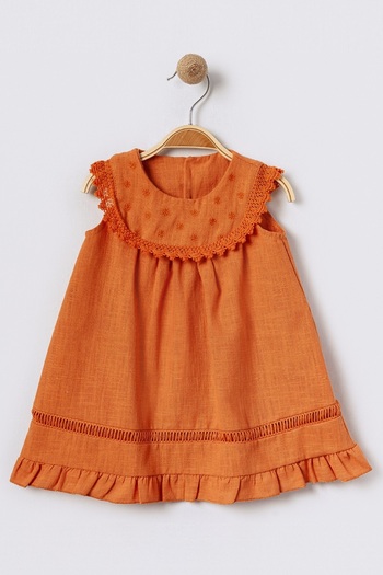 Bebüş Embroidery and Lace Detail Flared Cut Linen Fabric Brick Color Baby Girl Dress 15666