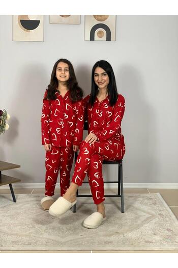 Chordi Mother Daughter Combination Front Buttoned Baby Collar 100% Cotton Heart Patterned Pajama Set (Red)