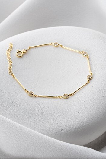 Nereze 925 Ayar Gümüş Gold Kaplama Zirkon Taşlı Çubuk Model Bileklik