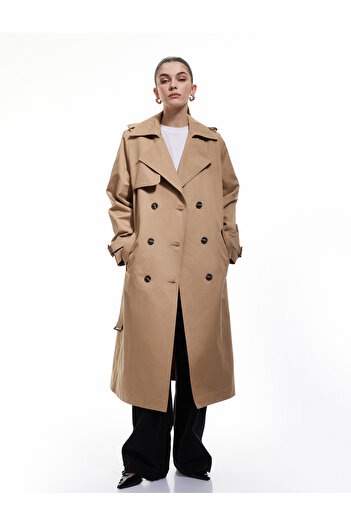 Koton Cotton Long Sleeve Belted Double Breasted Gabardine Trench Coat