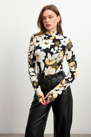 Bipantolon Women's Yellow Floral Patterned Finger Detailed Bodysuit