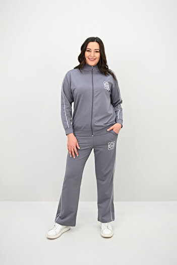 Koza Butik Дамски спортен костюм с бродерия и цип, големи размери, 8152-25-1