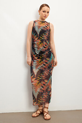 MODAGEN Floral Print Lined Tulle Sleeveless Dress