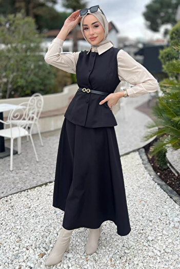 julude Black Women's Belt and Brooch Detailed Vest Skirt Hijab Double Suit