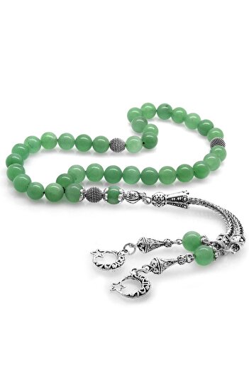 Tesbihane Non-Tarnish Metal Crescent Star Tasseled Globe Cut Aventurine Natural Stone Rosary