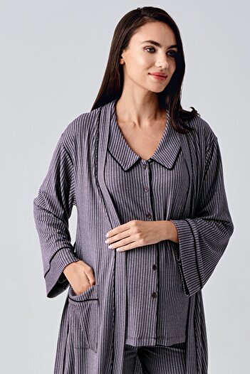 Artış Bebe Yaka Düğmeli Uzun Kollu Hamile Sabahlık Pijama Takım 23111