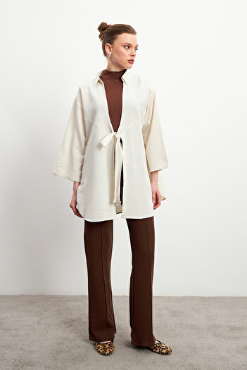 Bipantolon Women's Ecru Binding Detailed Flam Linen Kimono