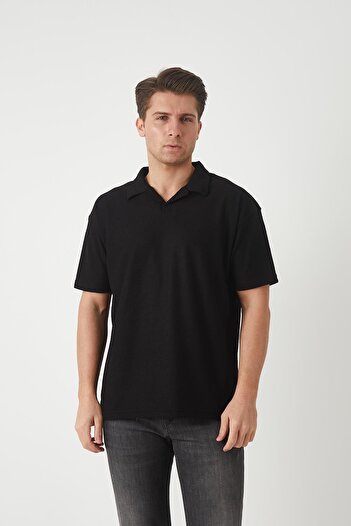 Valiberta Terry Fabric Polo Neck Men's T-Shirt - Black
