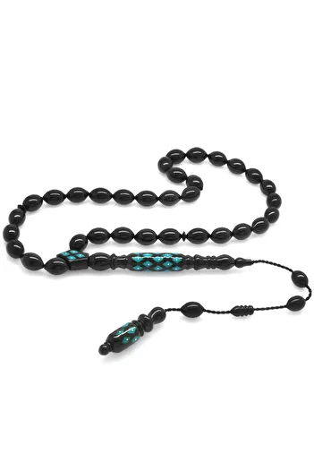 Tesbihane Systemed Silver-firuze Embroidered All Pieces with Caliper Working Barley Cut Erzurum Oltu Stone Rosary