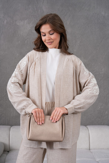 Miss Allos Women's Linen Kimono Jacket and Trousers Bottom Top Set with Embroidered Pearl Detail on the Back and Sleeves
