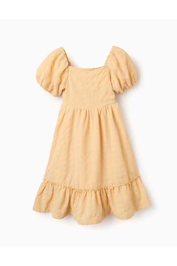 Ziddy Peasant Dress in Dobby Fabric for Girls, Yellow