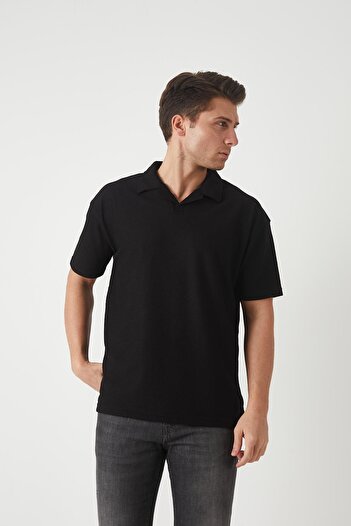 Valiberta Terry Fabric Polo Neck Men's T-Shirt - Black