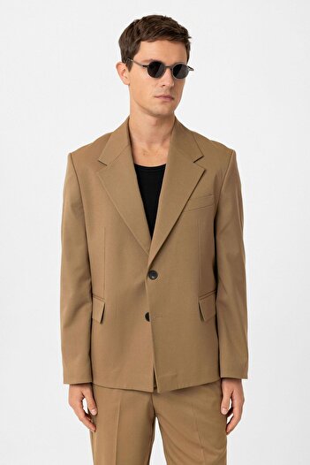 Antioch Camel Relax Fit Kruvaze Erkek Blazer Ceket