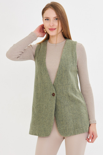 armonika Women's Green V-Neck Single Button Oversize Patterned Vest Arm-25K 001110