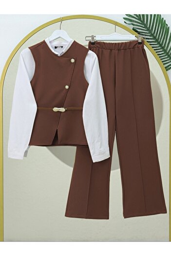 Modamorfo Wide Leg and Vest Set with Belt and Trousers - Coffee
