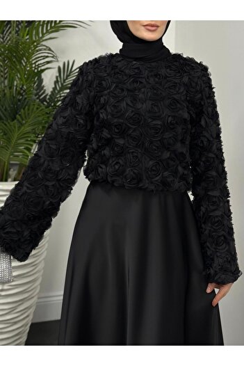 Modamorfo Spanish Sleeve Blouse with Organza Roses -Black