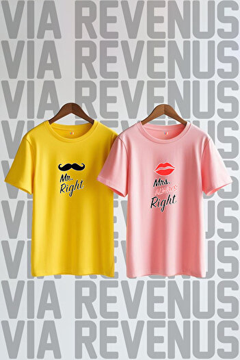 Vordevia Mr. Right and Always Right Printed Wide Cut Crew Neck Lover Combination Tshirt