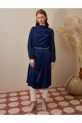 Kayra Detailed Satin Tunic - Dark Purple Chain Belt