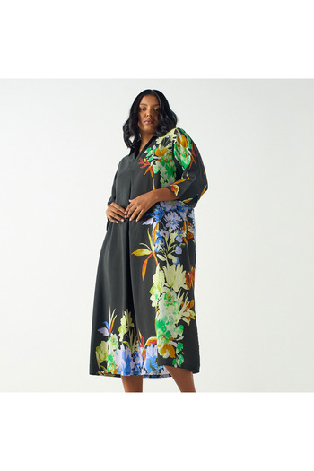 Ulla Popken Plus Size Floral Print Midi Dress With Collar And 3/4 Sleeves