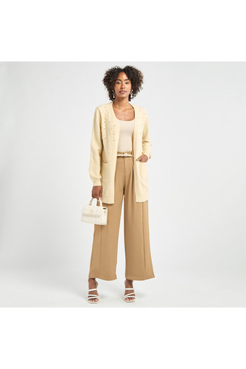 FAV Embellished Open Front Cardigan With Long Sleeves And Pockets
