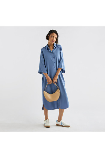 FAV Solid Button Down Shirt Dress With 3/4 Sleeves