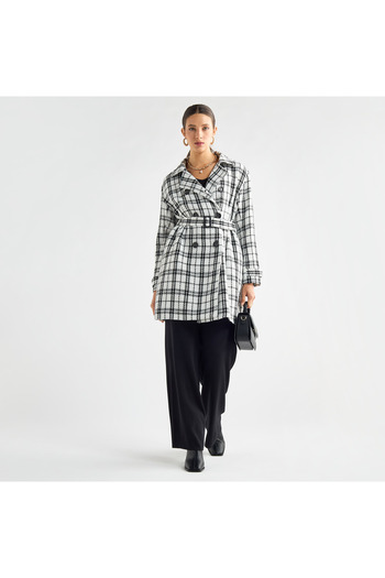 FAV Checked Trench Coat With Belt And Notch Lapel